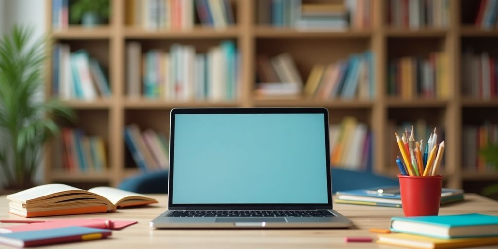 Ambiente de aula online com laptop e materiais educativos.