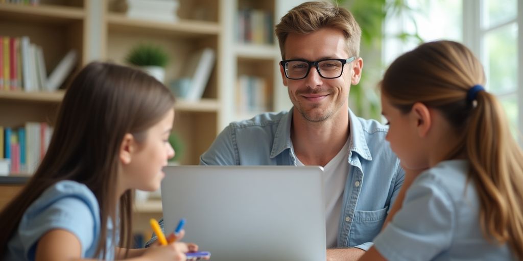 Tutor online ajudando alunos em um ambiente descontraído.