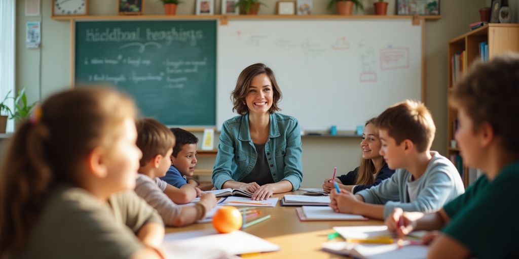 Sala de aula com professor e alunos interagindo.